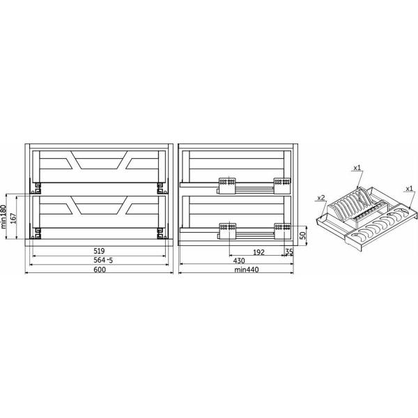 Корзина+сушка 60/2 с доводчиком, нерж.ст, PRIME LINE